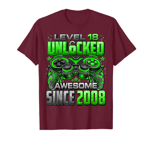 Level 18 Unlocked Awesome Since 2008 18th Birthday Gaming T-Shirt