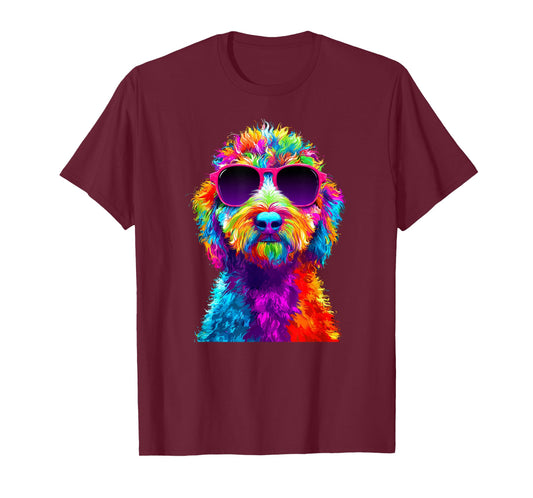 Colorful Doodle Dog with Sunglasses Sheepadoodle Art T-Shirt