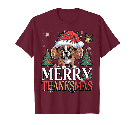 Merry Thanksmas Santa Boxer Dog Happy Thanksgiving Xmas T-Shirt