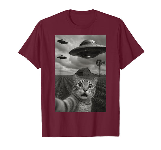 Wide Eyed Cat Selfie UFO Invasion Funny Rural Feline T-Shirt