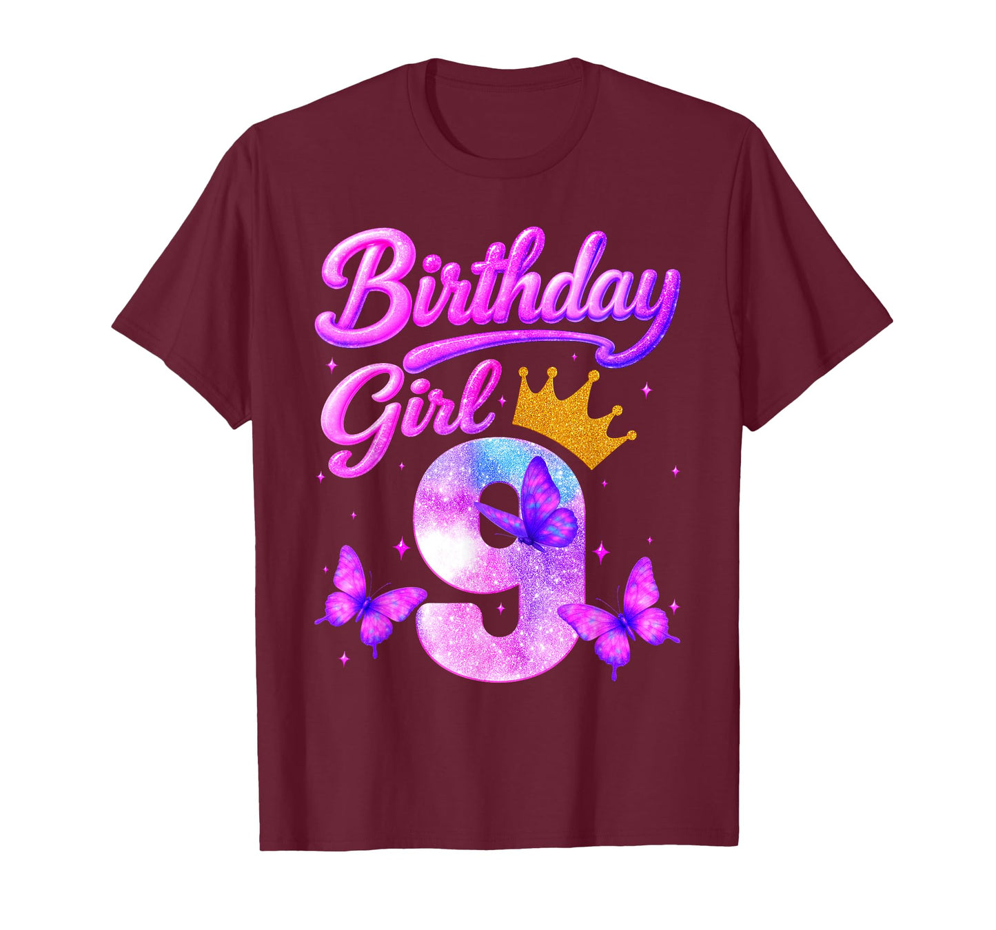 Birthday Girl 9 Year Old Butterfly Theme Party 9th Bday Kids T-Shirt
