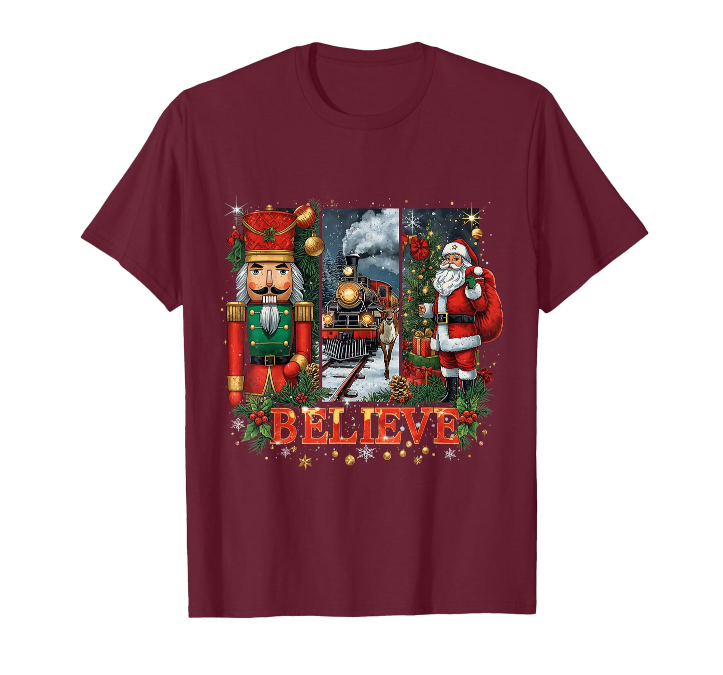 Believe Santa Magical Holiday Spirit Train Winter Wonderland T-Shirt