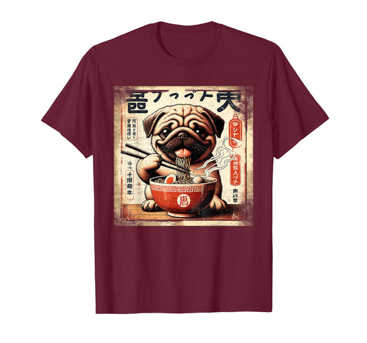 Pug Eating Ramen Vintage Japanese Art Dog Graphic T-Shirt