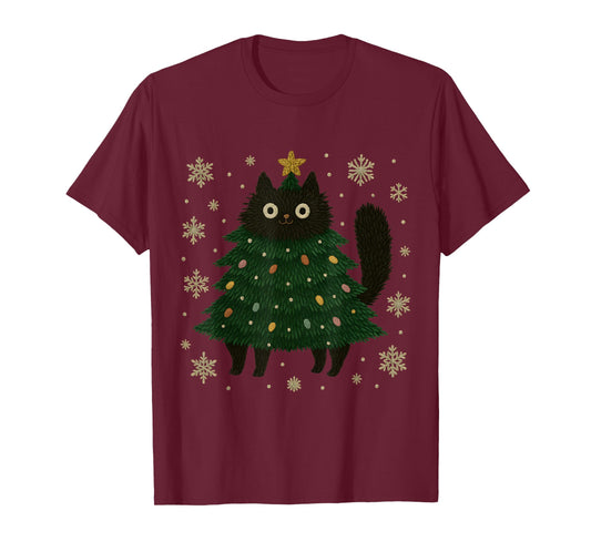 Funny Christmas Cat Tree Costume Snowflake Holiday Art T-Shirt