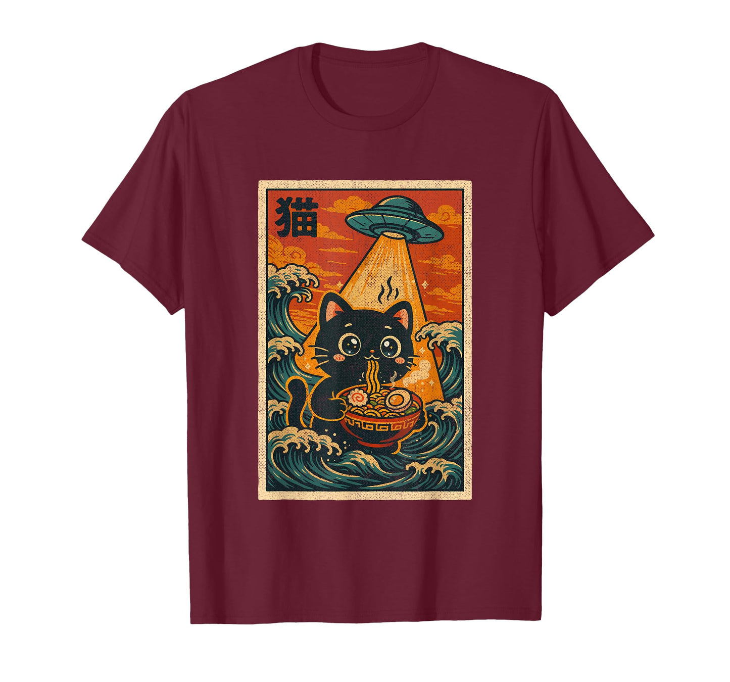 Vintage Japanese Anime Ramen Ukiyo-e UFO Funny Kawaii Cat T-Shirt