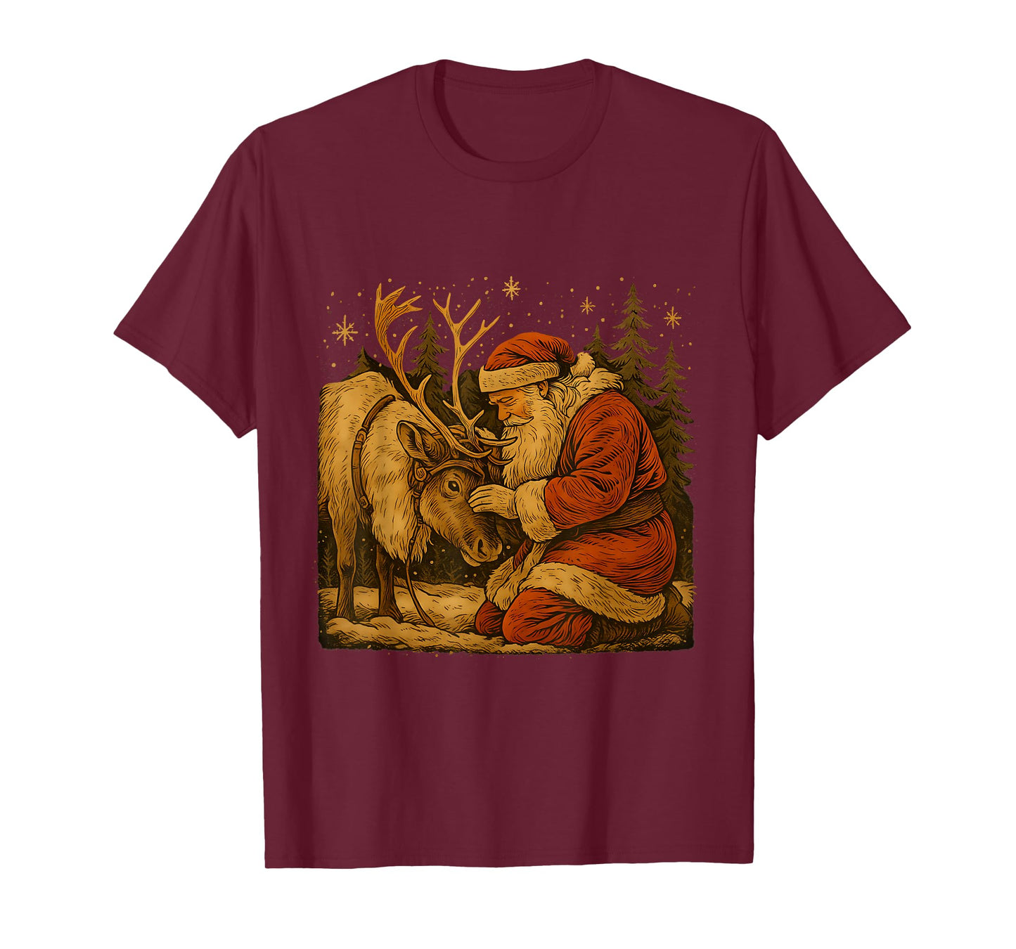 Rustic Santa Reindeer Vintage Christmas Forest Scene T-Shirt