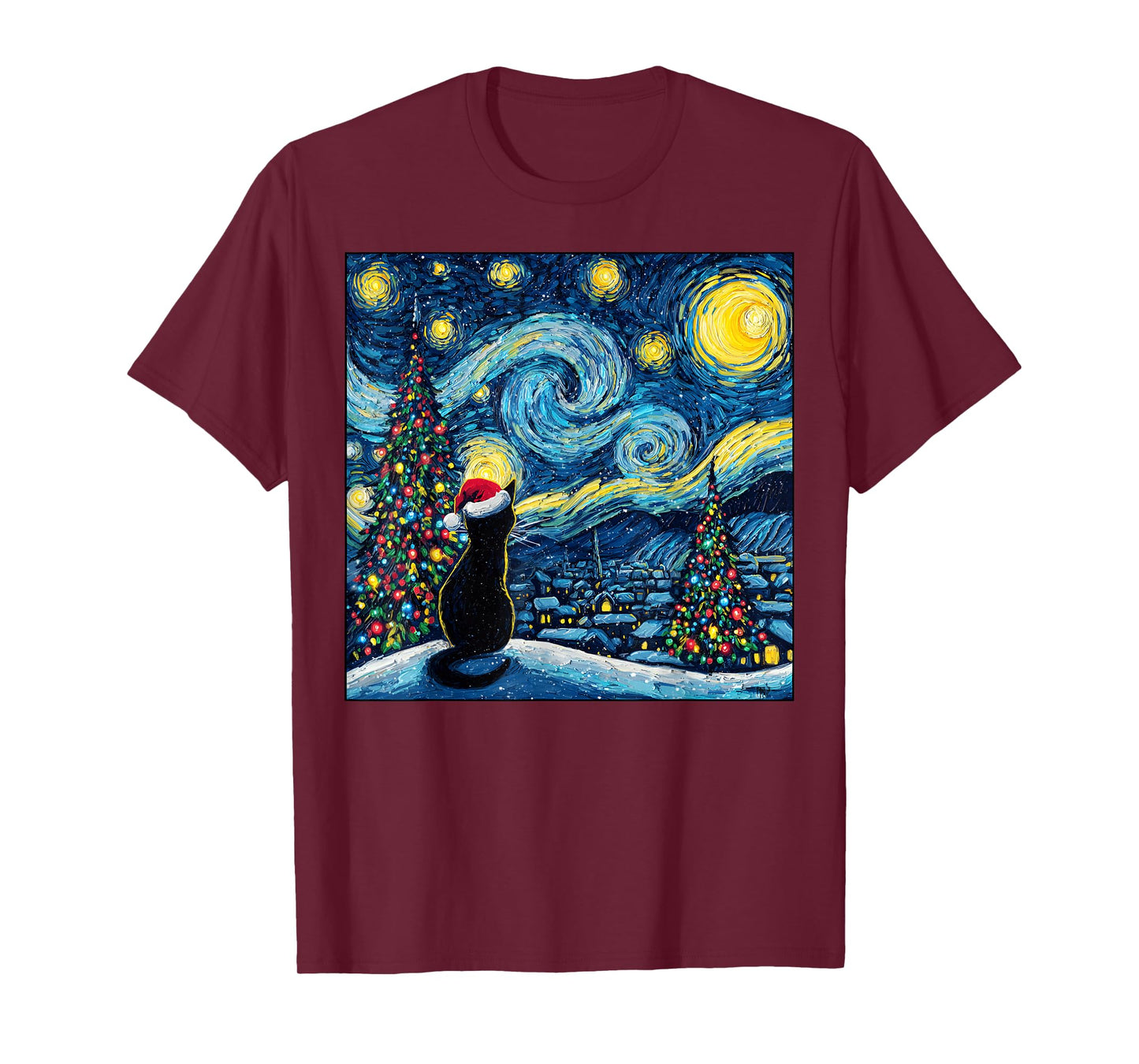 Van Gogh Starry Night Black Cat Santa Hat Toddlers Christmas T-Shirt