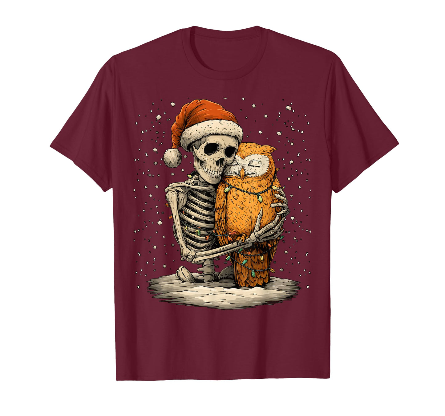 Skeleton Hugging an Owl with Santa Hat Snow Gothic Christmas T-Shirt