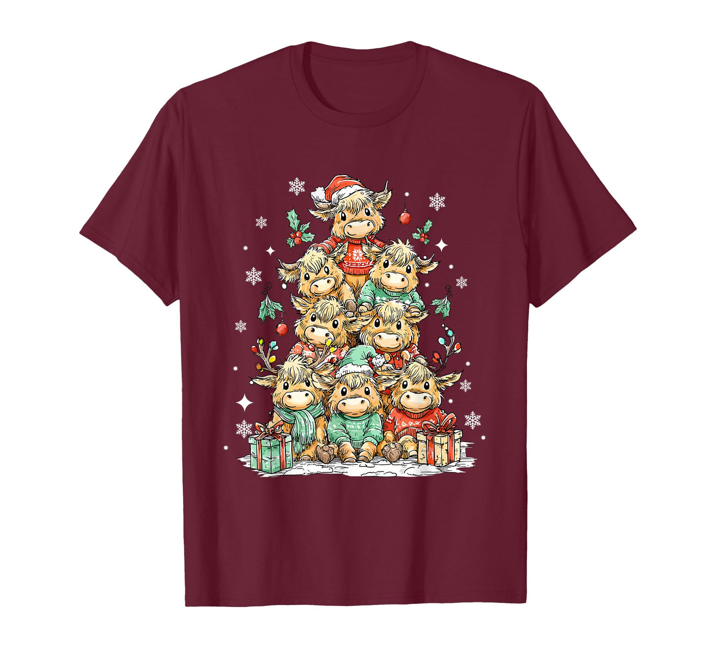 Santa Cow Christmas Tree Highland Cow Meme Western Cow Farm T-Shirt