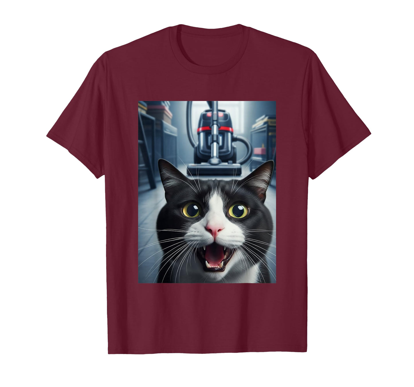 Funny Tuxedo Cat Selfie with Vacuum Chase Meme T-Shirt