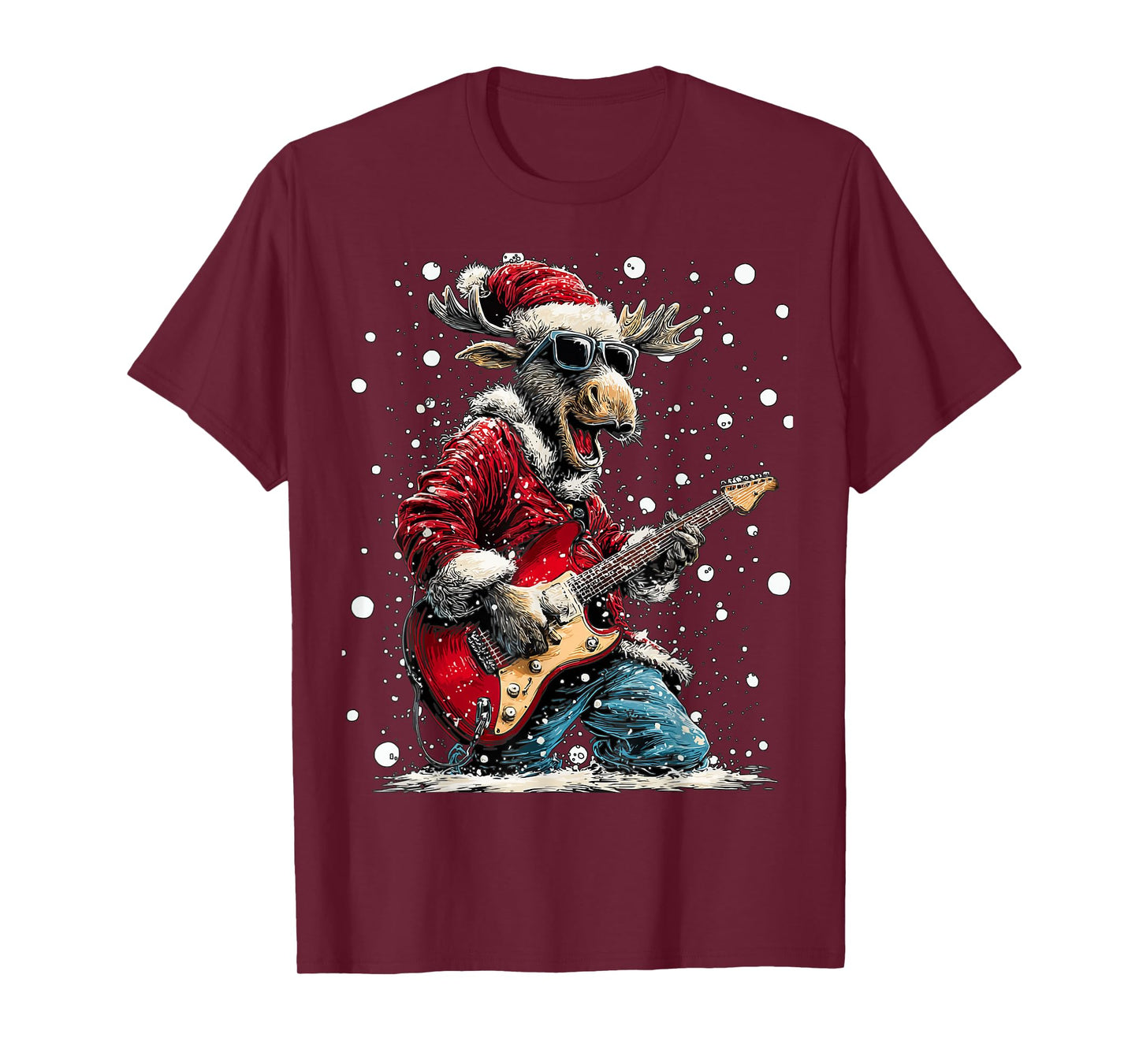 Christmas Moose Playing Guitar Funny Musician Animal Music T-Shirt