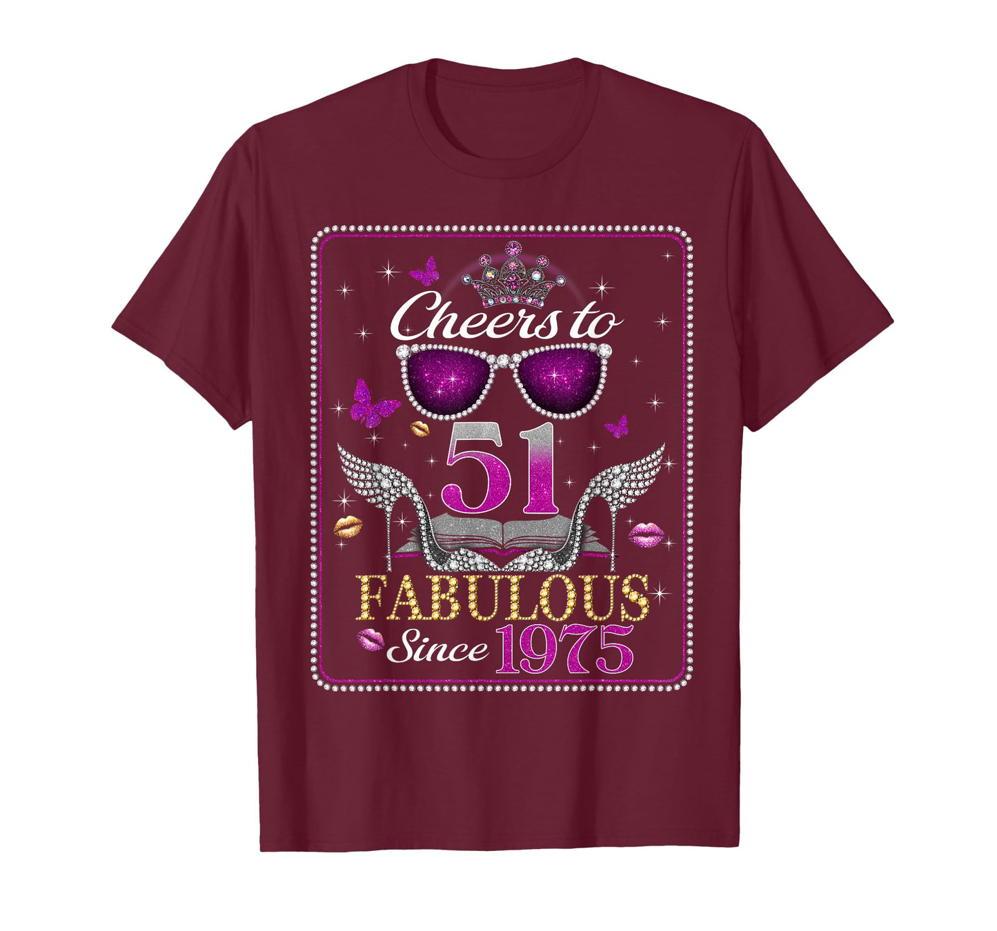 Womens Cheers to 51 Years Old EST 1975 51st Birthday Queen T-Shirt