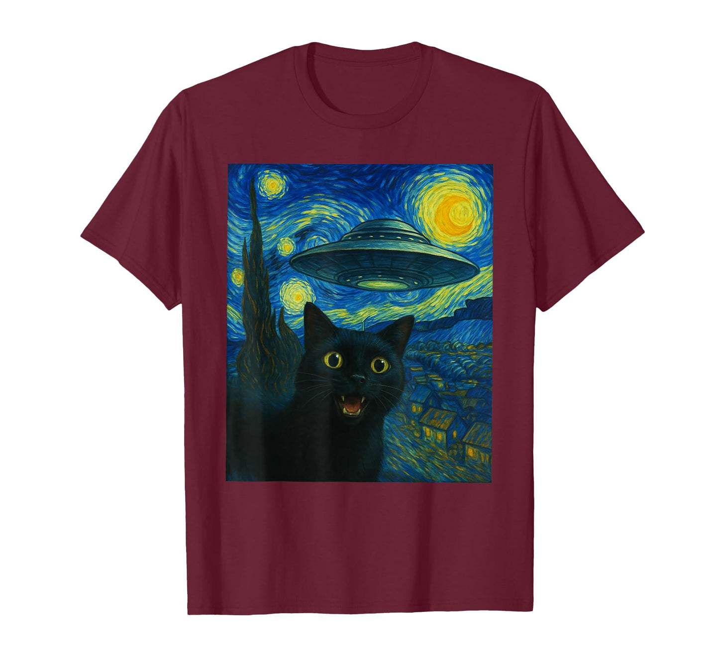 Cat Selfie with Alien UFO Night Van Gogh Gifts Men Women Kid T-Shirt
