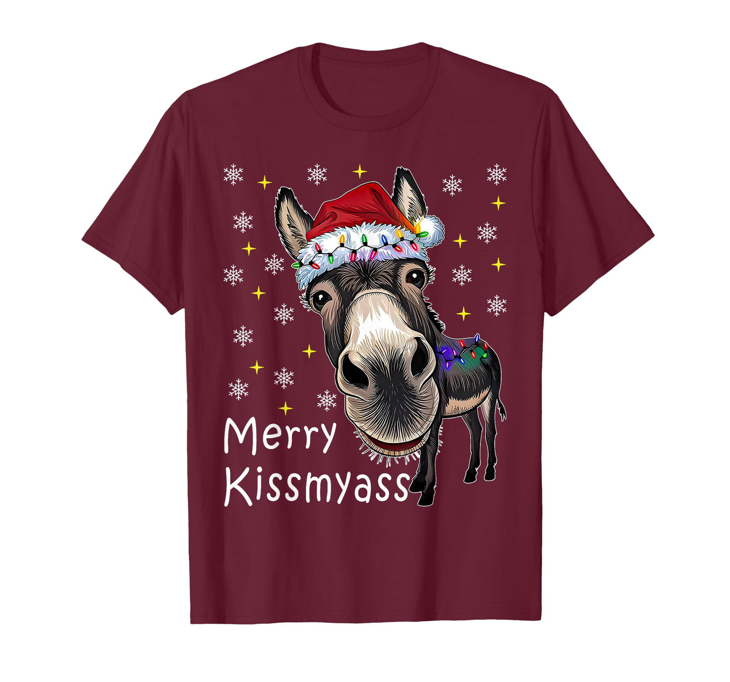 Merry KissMyAss Donkey Wearing Santa Hat Lights Men Women T-Shirt