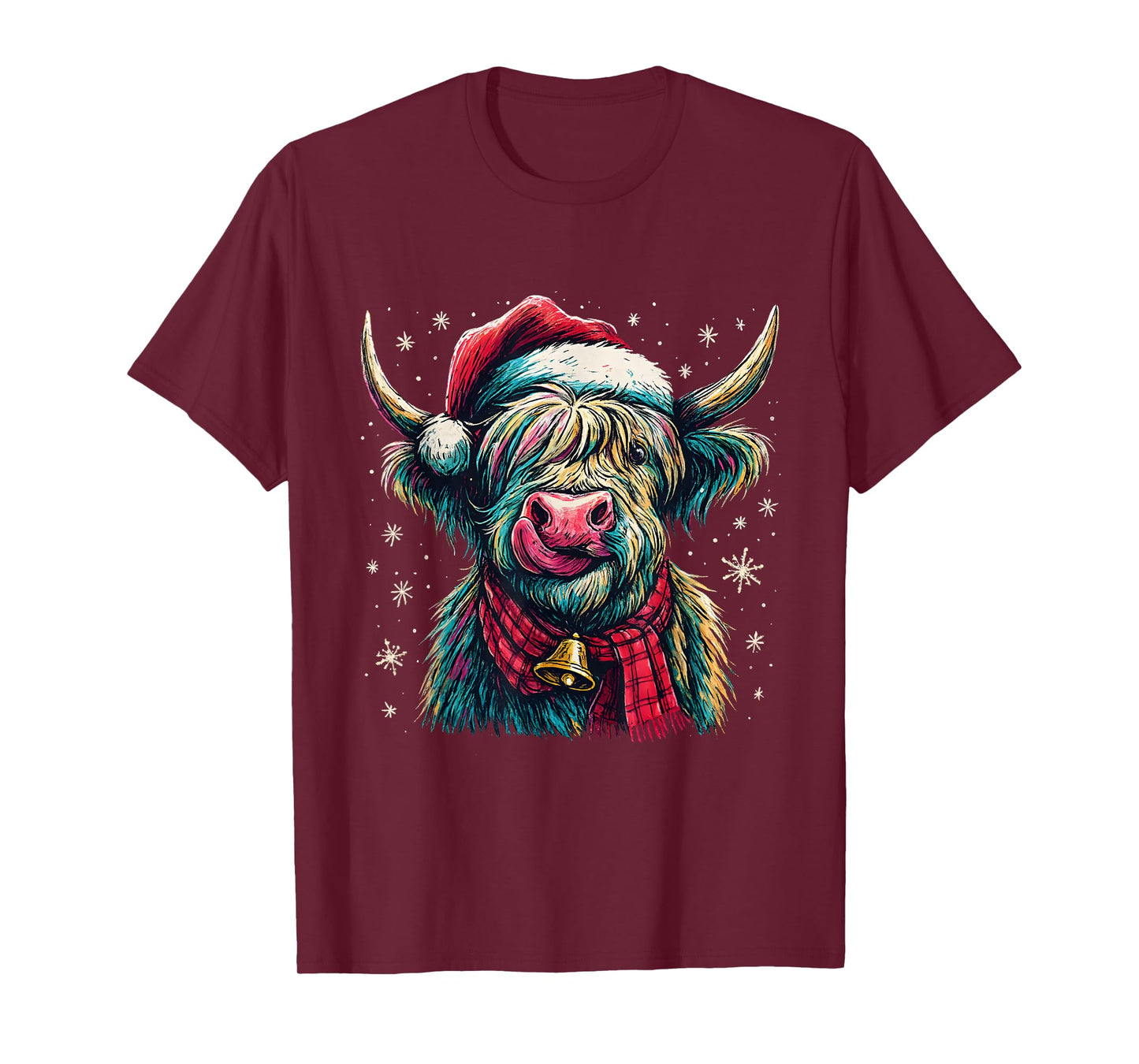 Highland Cow Christmas Santa Hat Plaid Bell Holiday Art T-Shirt