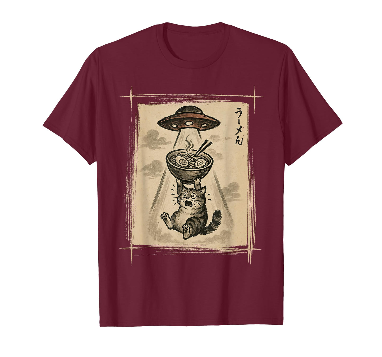 Vintage Cat vs UFO Ramen Japanese Art Kawaii Funny Abduction T-Shirt