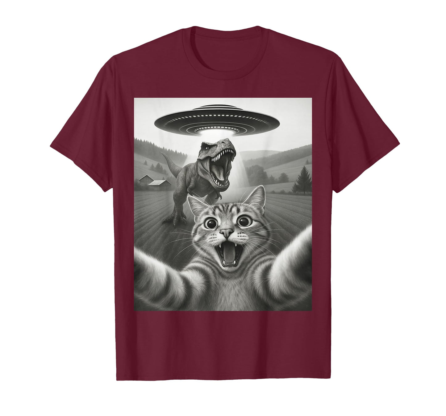 Cat Selfie with Alien UFO & T-Rex Dinosaur Funny Cat Gifts T-Shirt