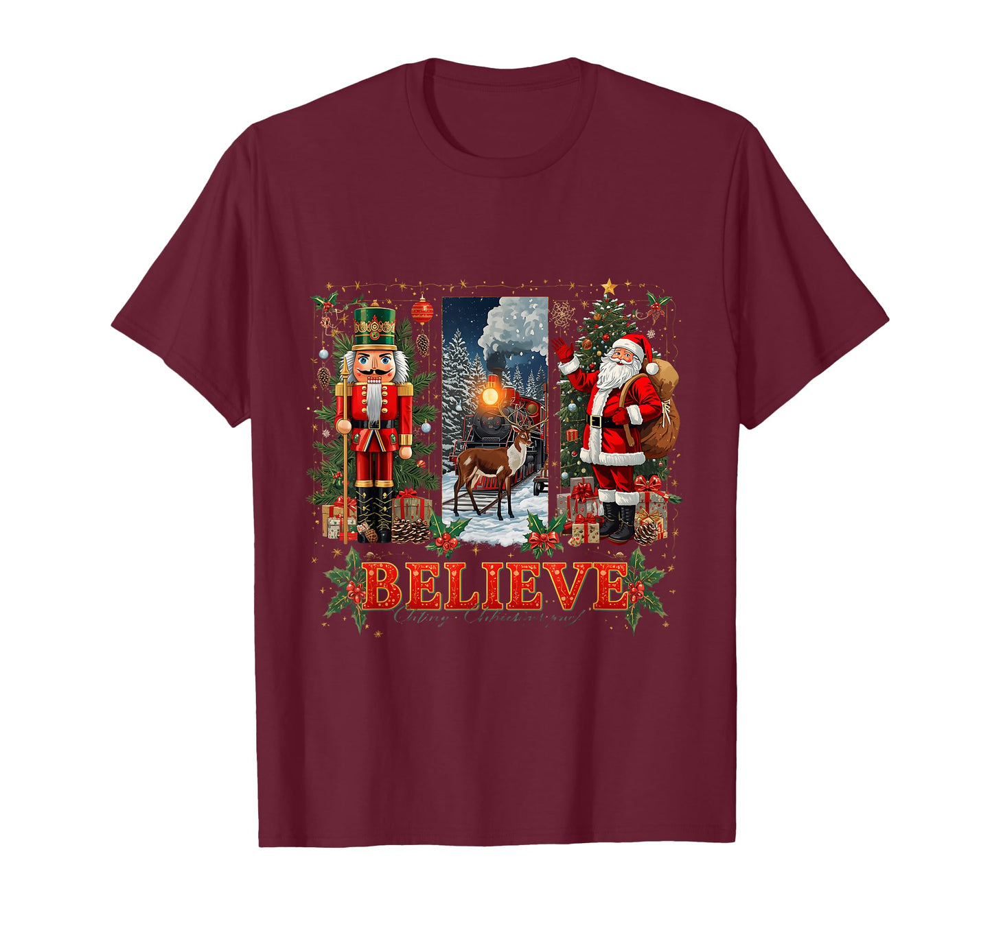 Believe Santa Magical Holiday Spirit Train Winter Wonderland T-Shirt