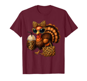 Turkey with Coffee Coquette Bow Thanksgiving Women Girl T-Shirt