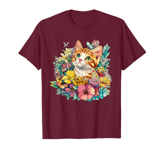 Cute Orange Tabby Cat in Wildflowers Spring Meadow T-Shirt
