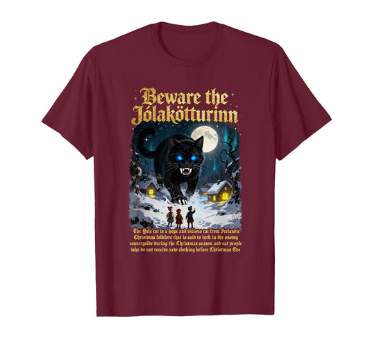 Icelandic Vintage Beware Jolakotturinn Yule Cat Christmas T-Shirt