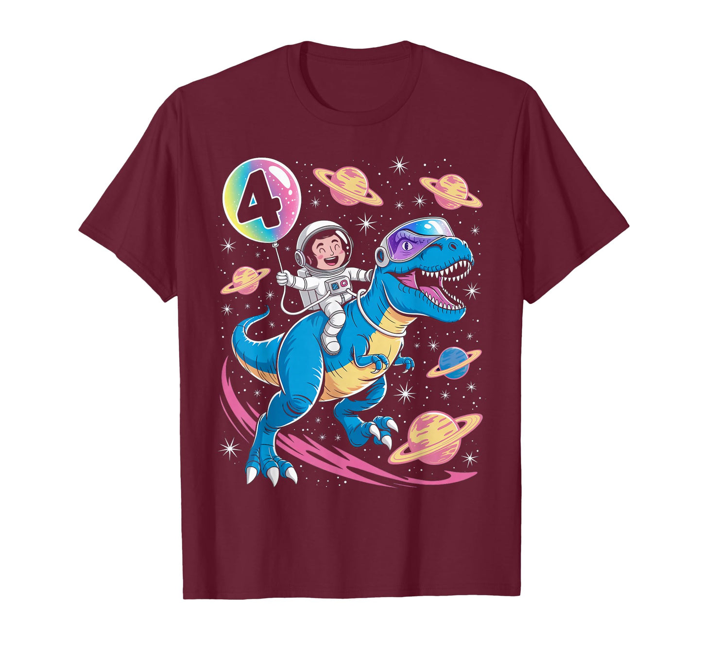 Astronaut Trex Dinosaur 4 Years Old Space Kids 4th Birthday T-Shirt