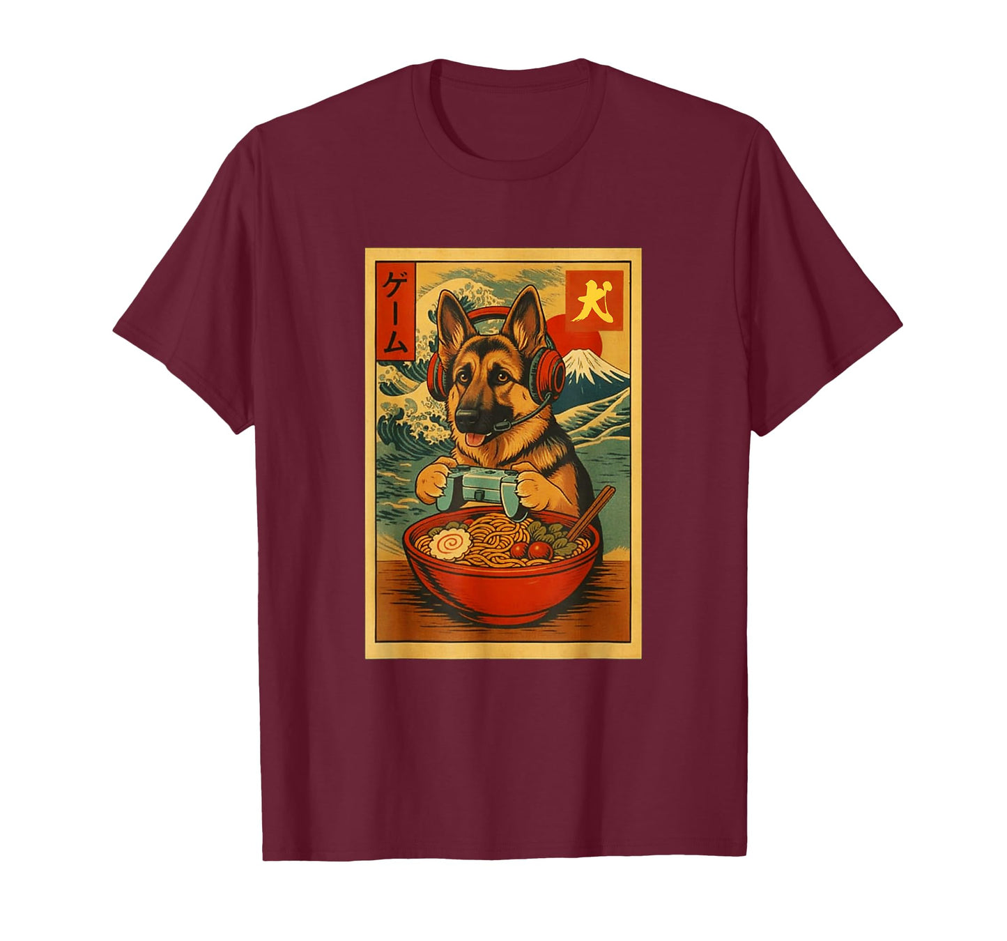 German Shepherd Gaming Ramen Ukiyo-e Great Wave Retro Art T-Shirt