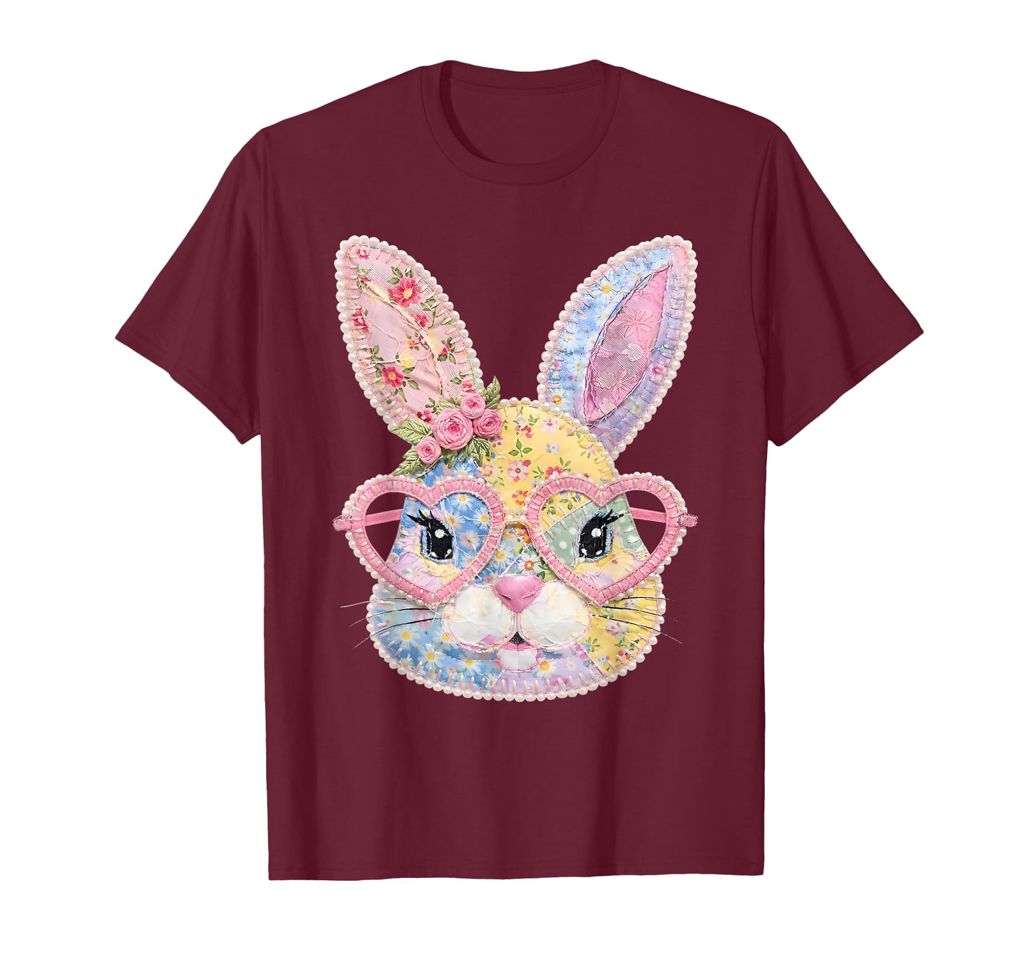Funny Bunny Face Glasses Floral Patchwork Rabbit Easter Day T-Shirt