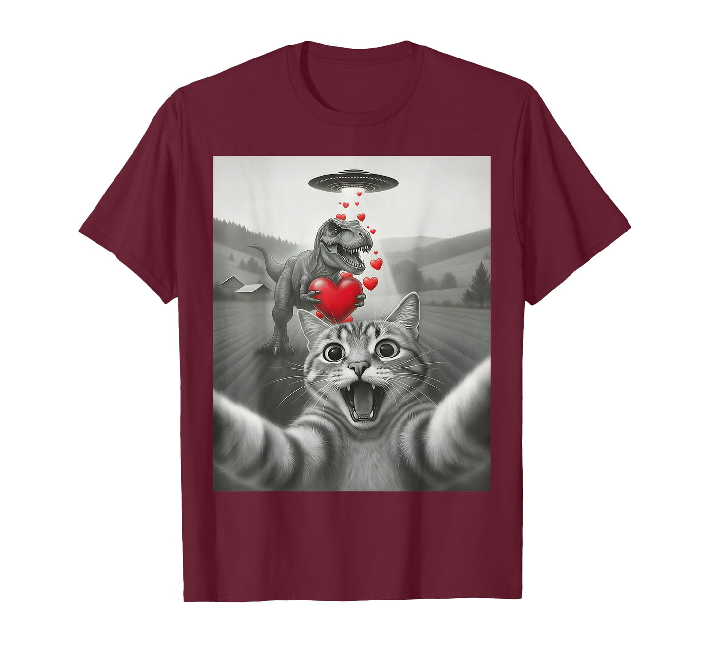 Funny Cat Selfie with T-Rex Dinosaur Valentines Cat Lover T-Shirt