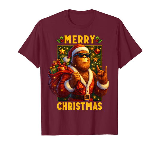 Retro Merry Christmas Santa Bigfoot Sasquatch Funny Xmas T-Shirt
