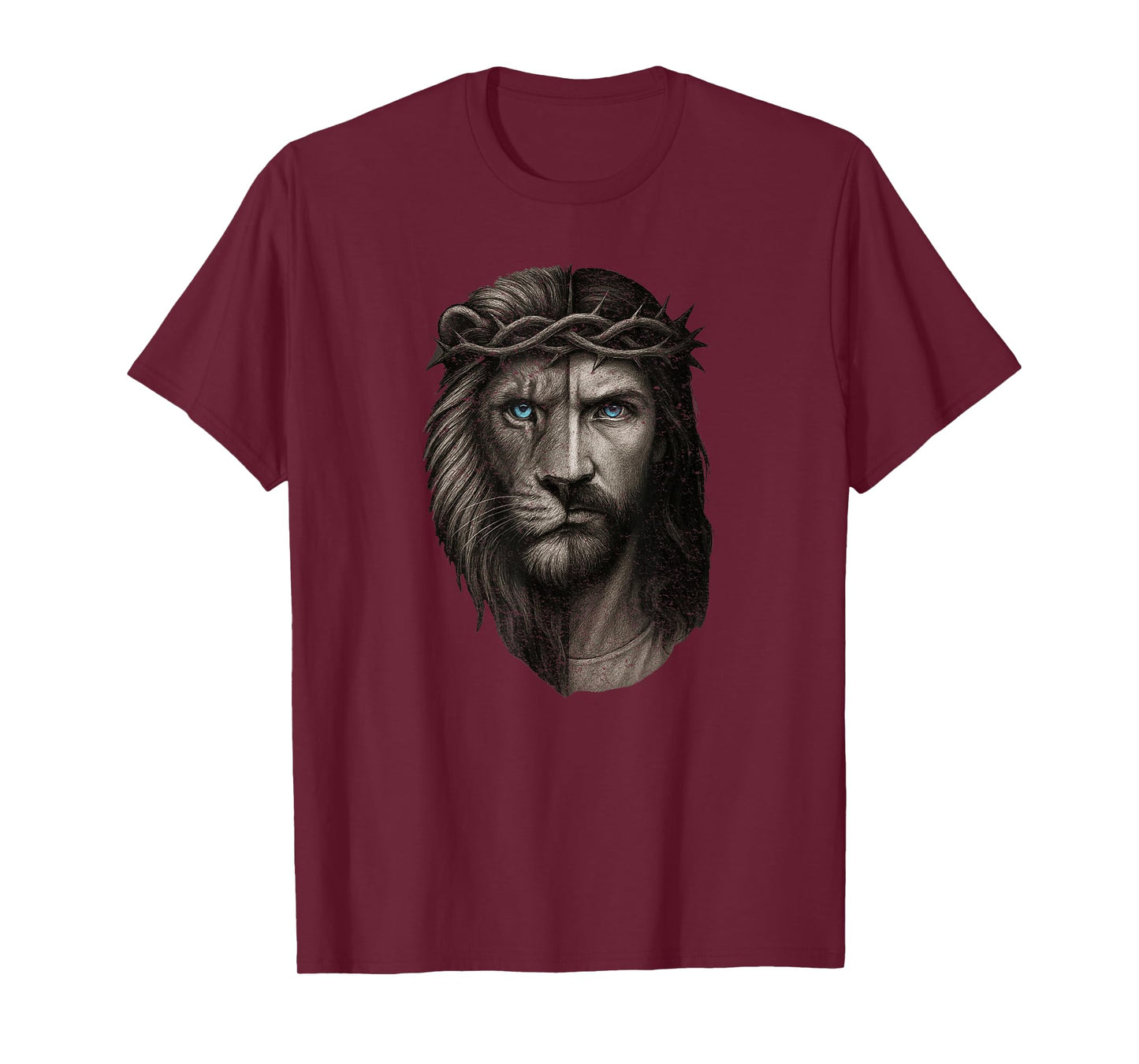 Lion and Jesus Half Face Crown of Thorns Blue Eyes Art T-Shirt