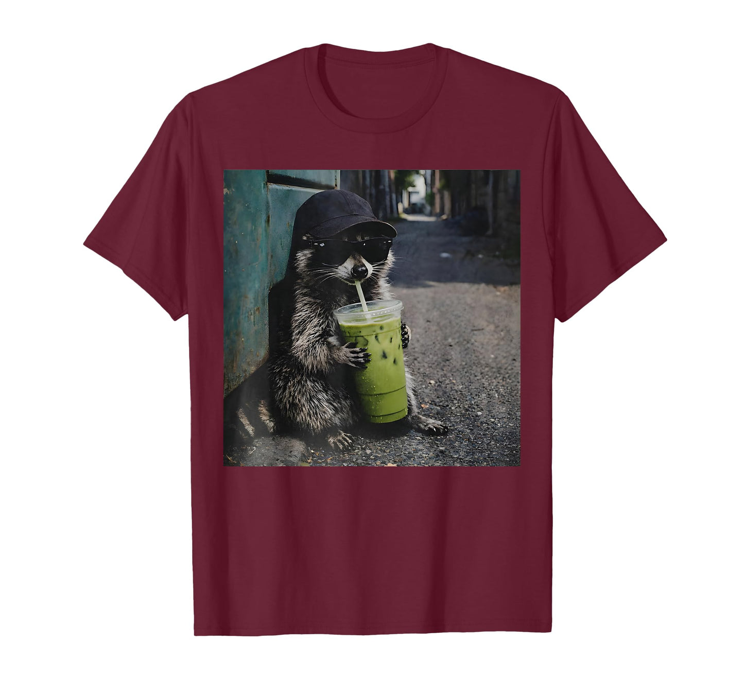 Raccoon Drinking Matcha Latte Funny Animal Meme Men Women T-Shirt