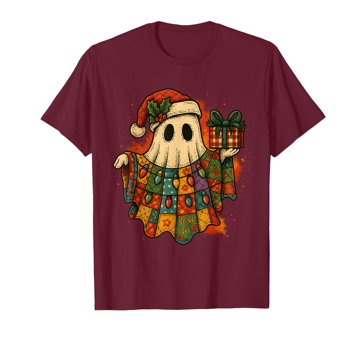 Vintage Christmas Ghost Patchwork Lights Design T-Shirt