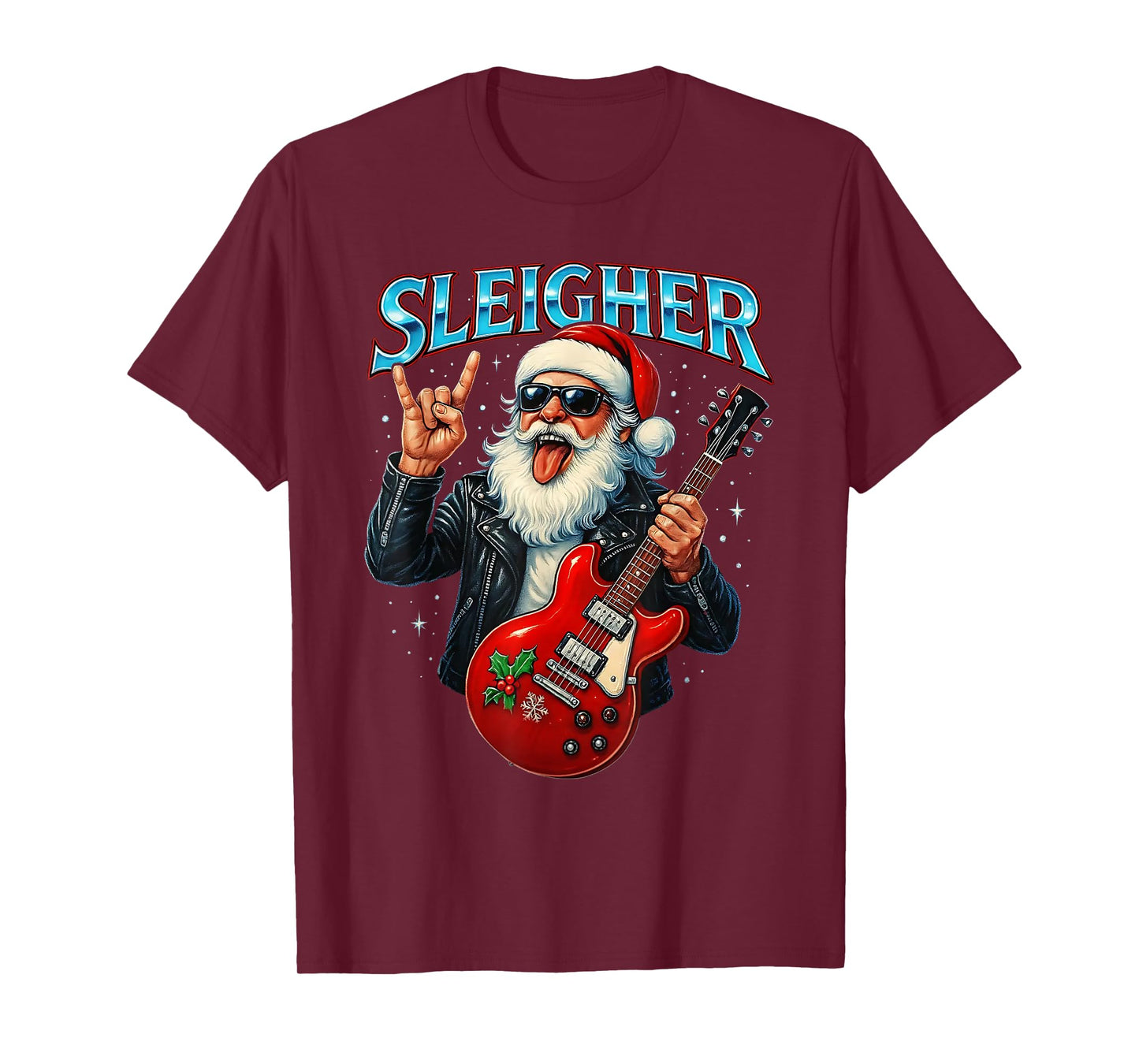 Sleigher Rock Santa Funny Metal Christmas Design T-Shirt