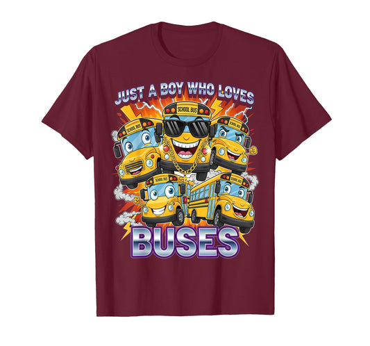 Just a Boy Who Loves Buses Bootleg School Bus Kids Boys T-Shirt