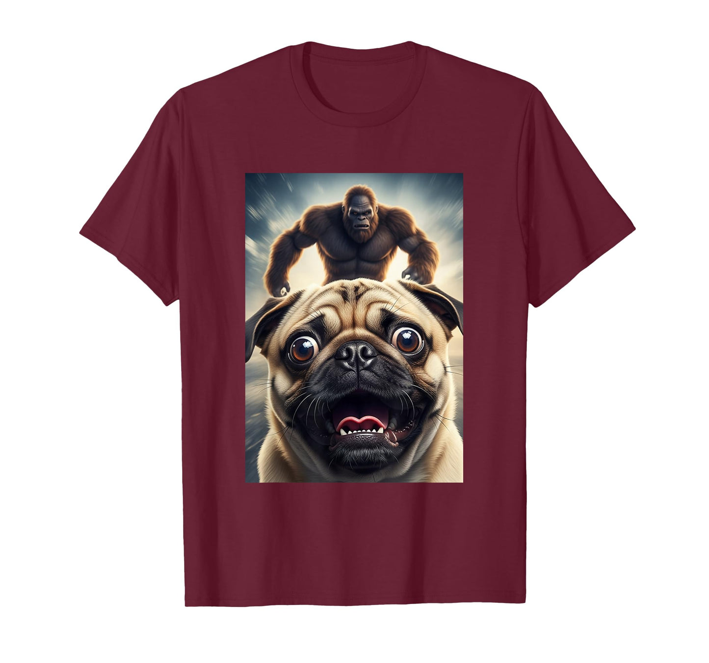 Funny Scared Pug Dog Selfie with Bigfoot Women Men Kids T-Shirt