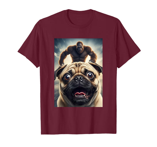 Funny Scared Pug Dog Selfie with Bigfoot Women Men Kids T-Shirt