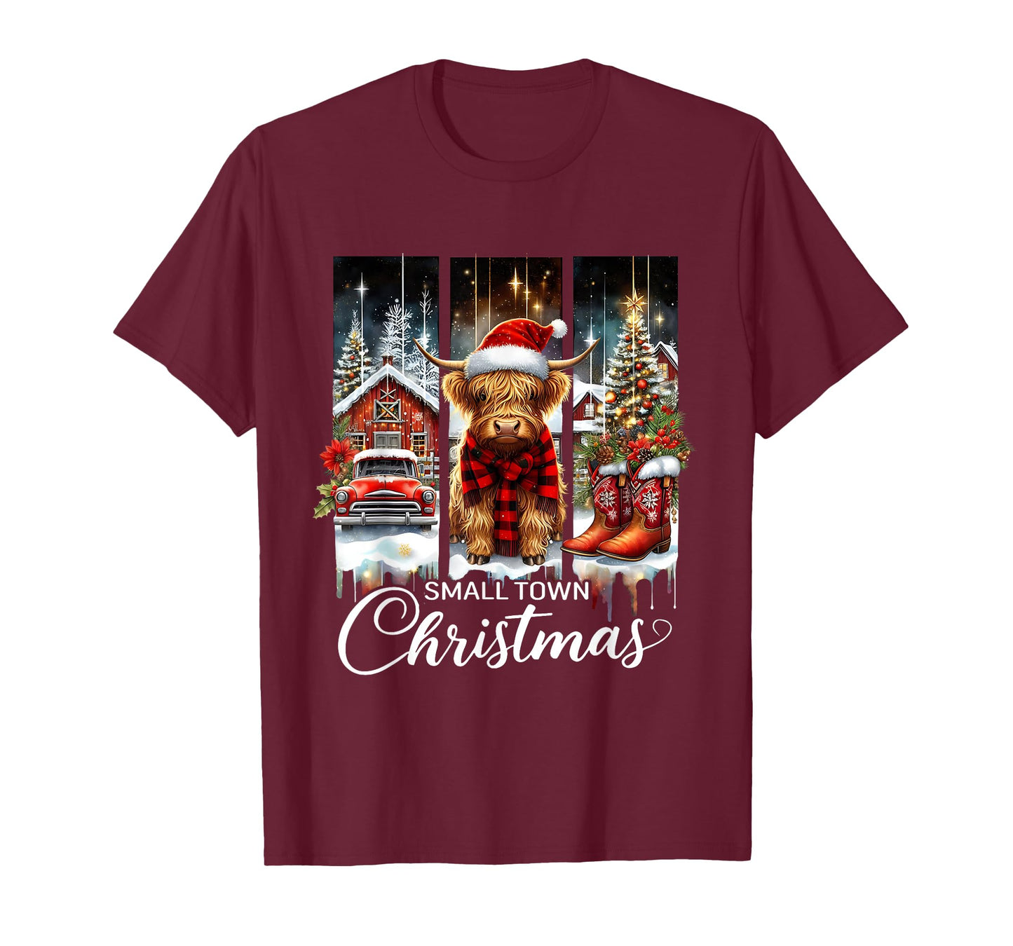 Small Town Christmas Highland Cow Western Art T-Shirt