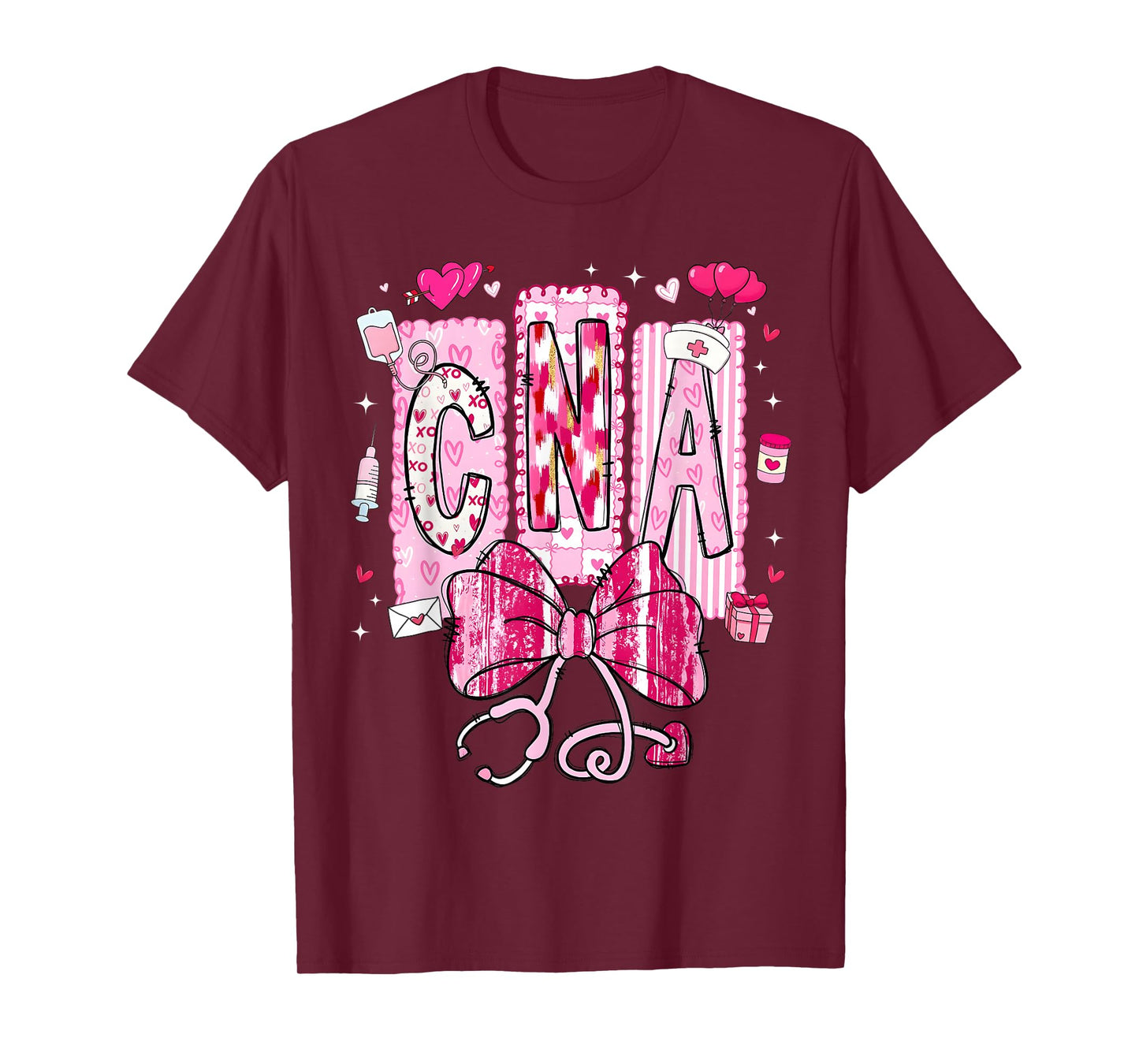 Valentine CNA Nurse Coquette Bow Stethoscope Girl Women T-Shirt
