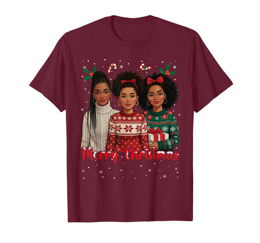 Merry Christmas Black Queen Women Girls Afro African Santa T-Shirt