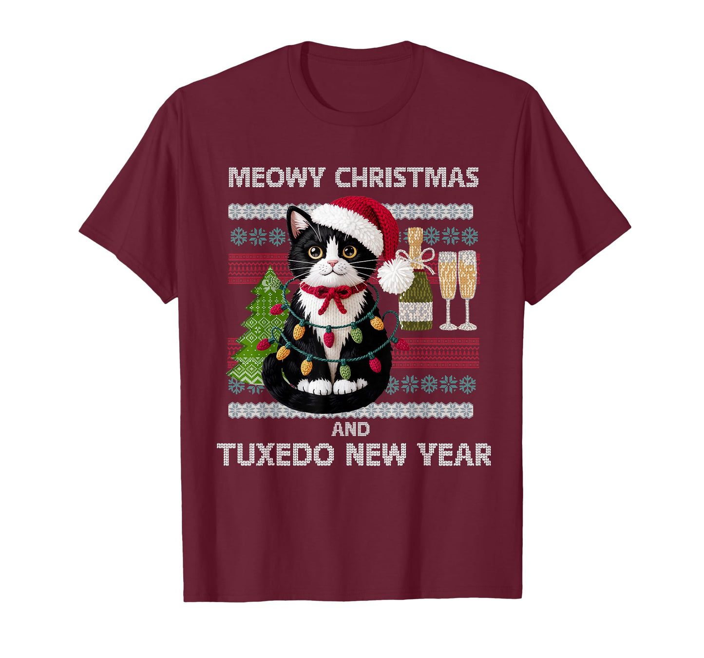 Meowy Christmas Funny Tuxedo Cat Santa Hat Ugly Sweater T-Shirt