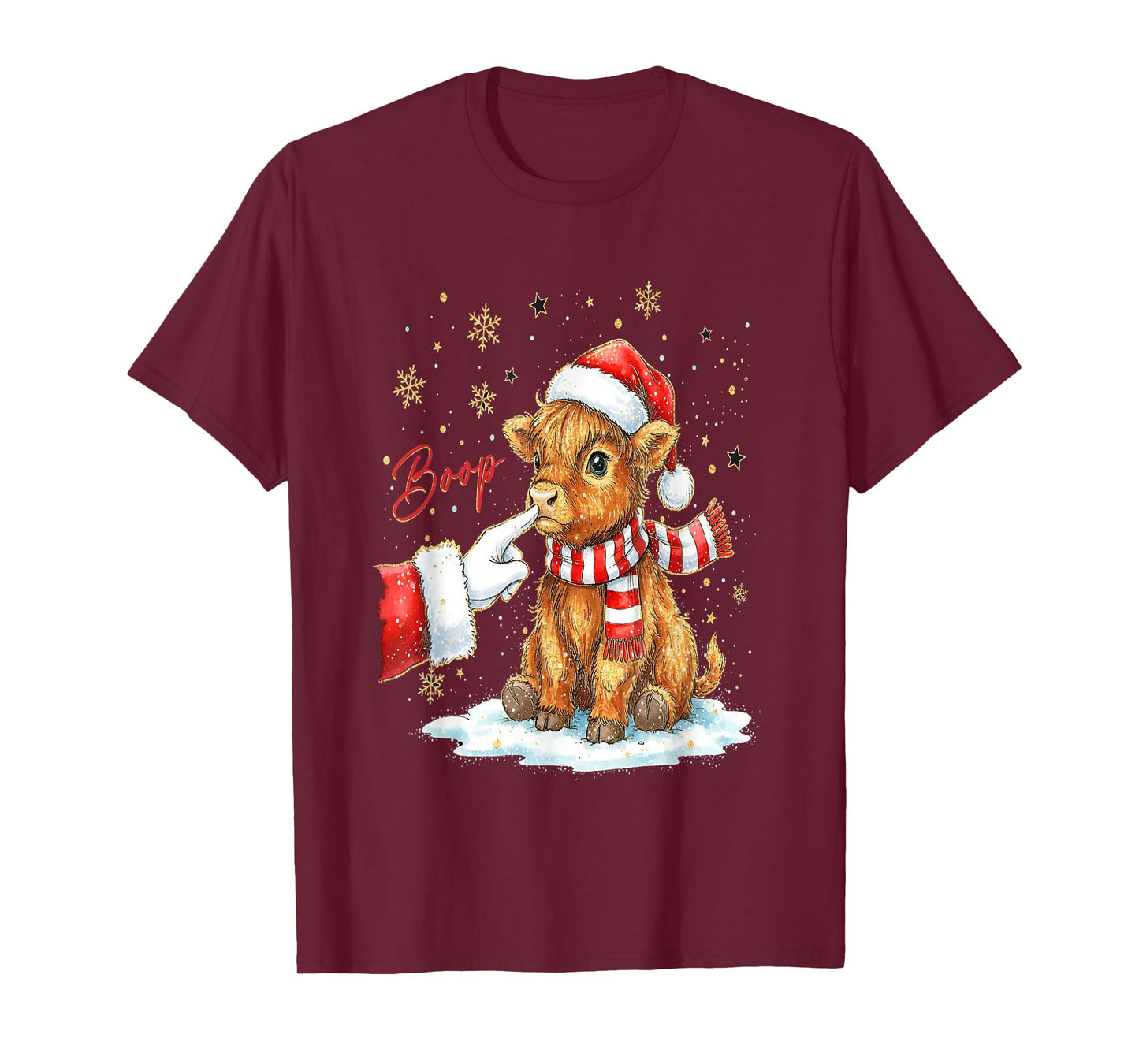 Santa Farmer Funny Western Hand Boop Christmas Highland Cow T-Shirt