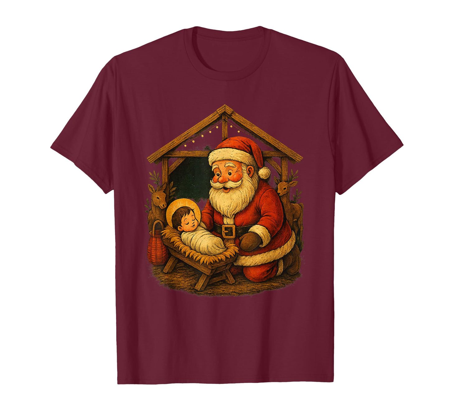 Christmas Design Kneeling Santa Claus with Baby Jesus T-Shirt