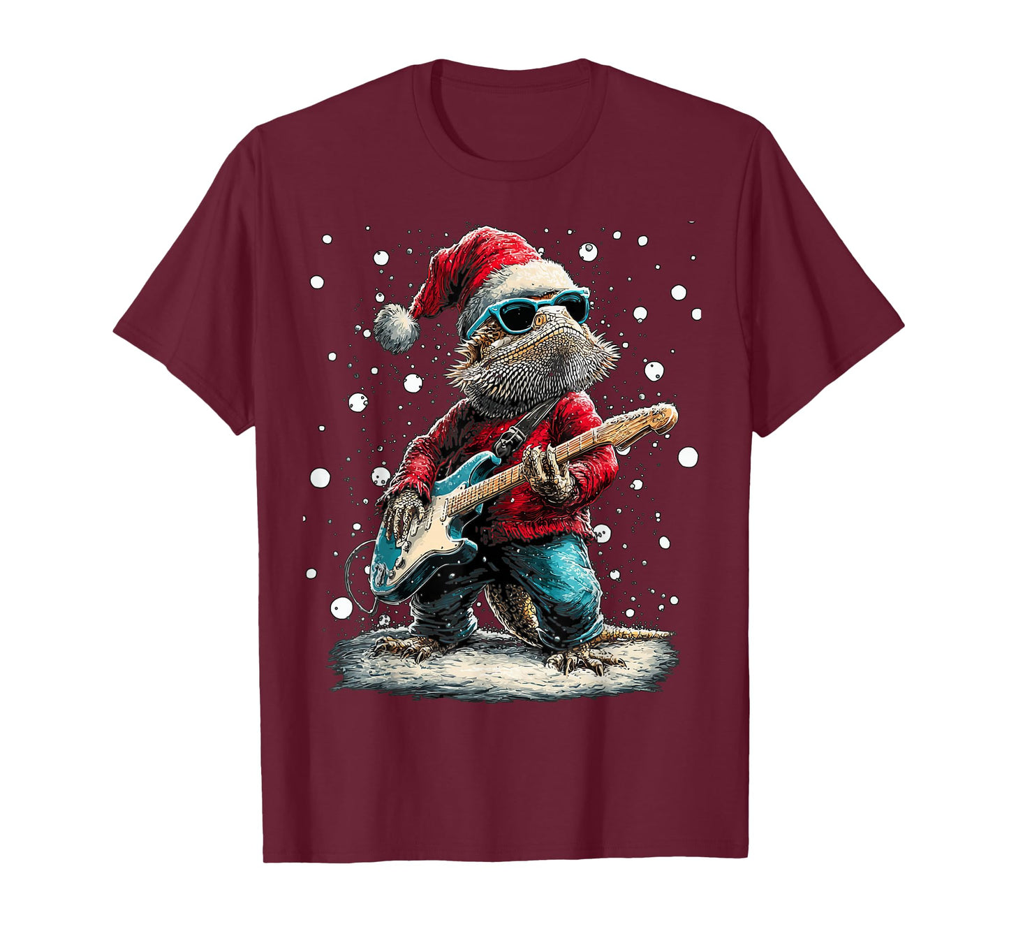 Christmas Bearded Dragon Playing Guitar Musician Animal T-Shirt