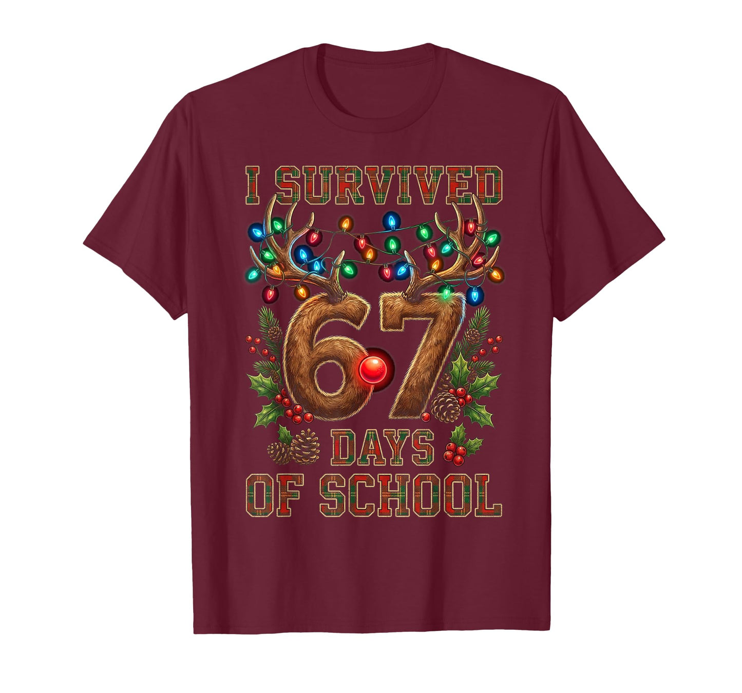 I Survived 67 Day of School Xmas Santa Reindeer Meme T-Shirt