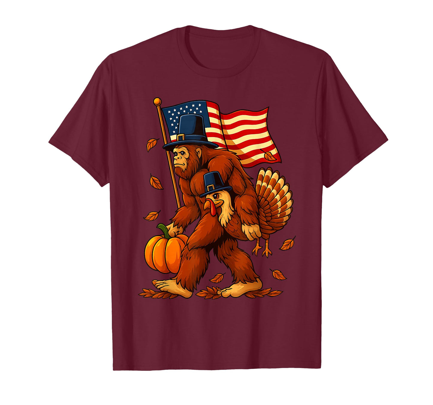 Funny Bigfoot Turkey Thanksgiving American Flag Pumpkin Fall T-Shirt