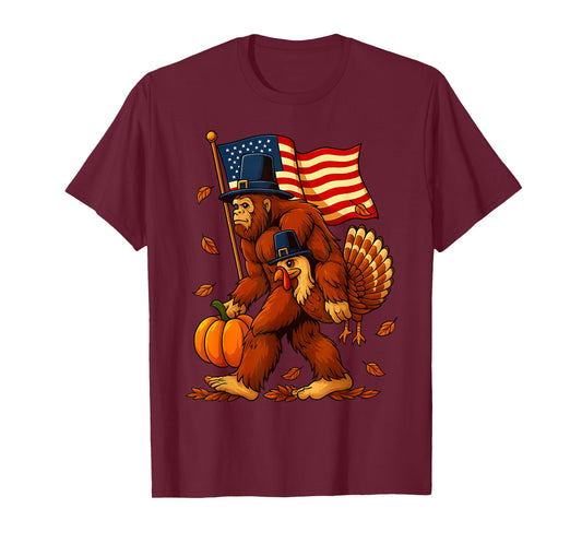 Funny Bigfoot Turkey Thanksgiving American Flag Pumpkin Fall T-Shirt