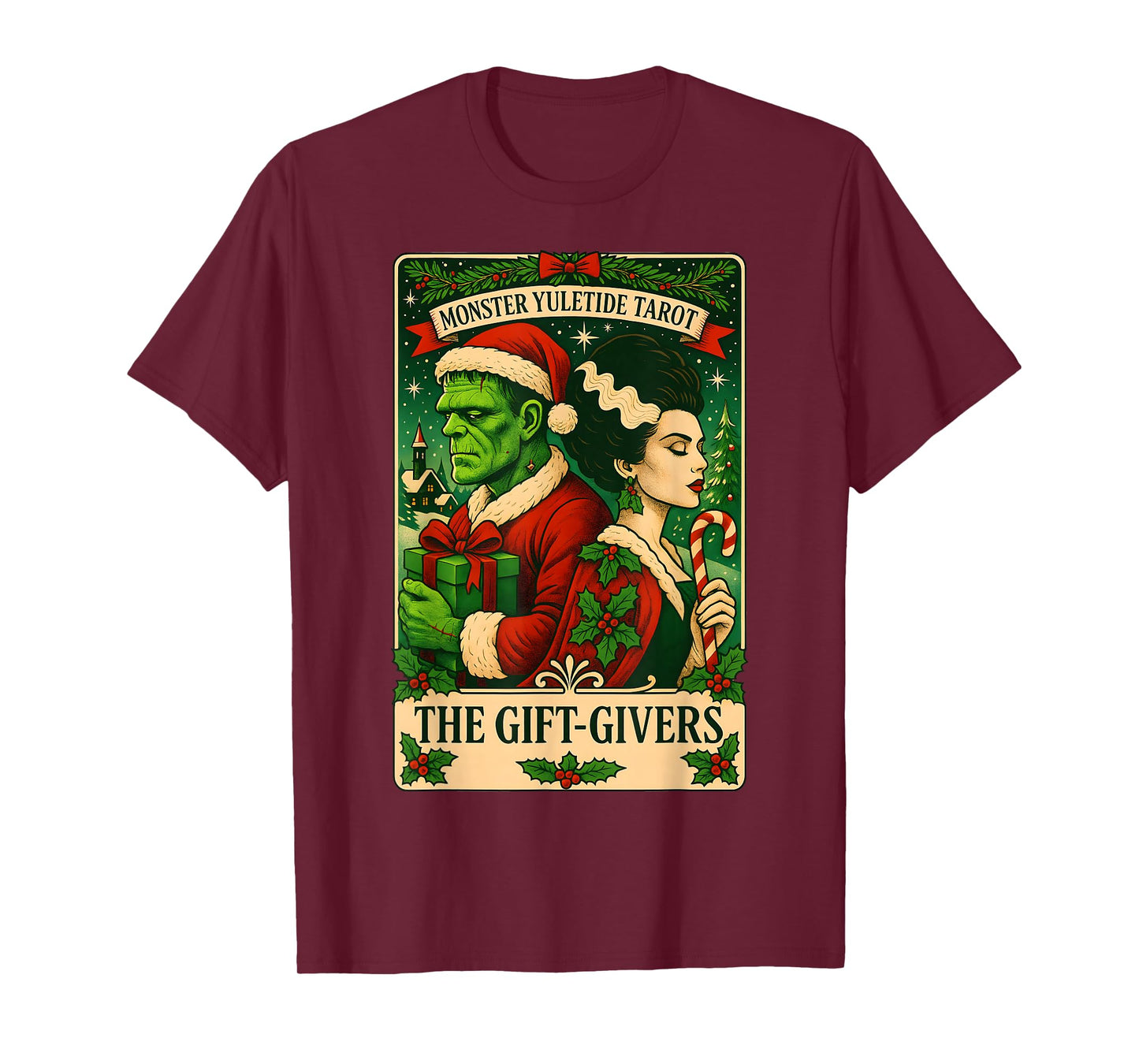 Christmas Frankenstein and Bride The Lovers Tarot Card T-Shirt