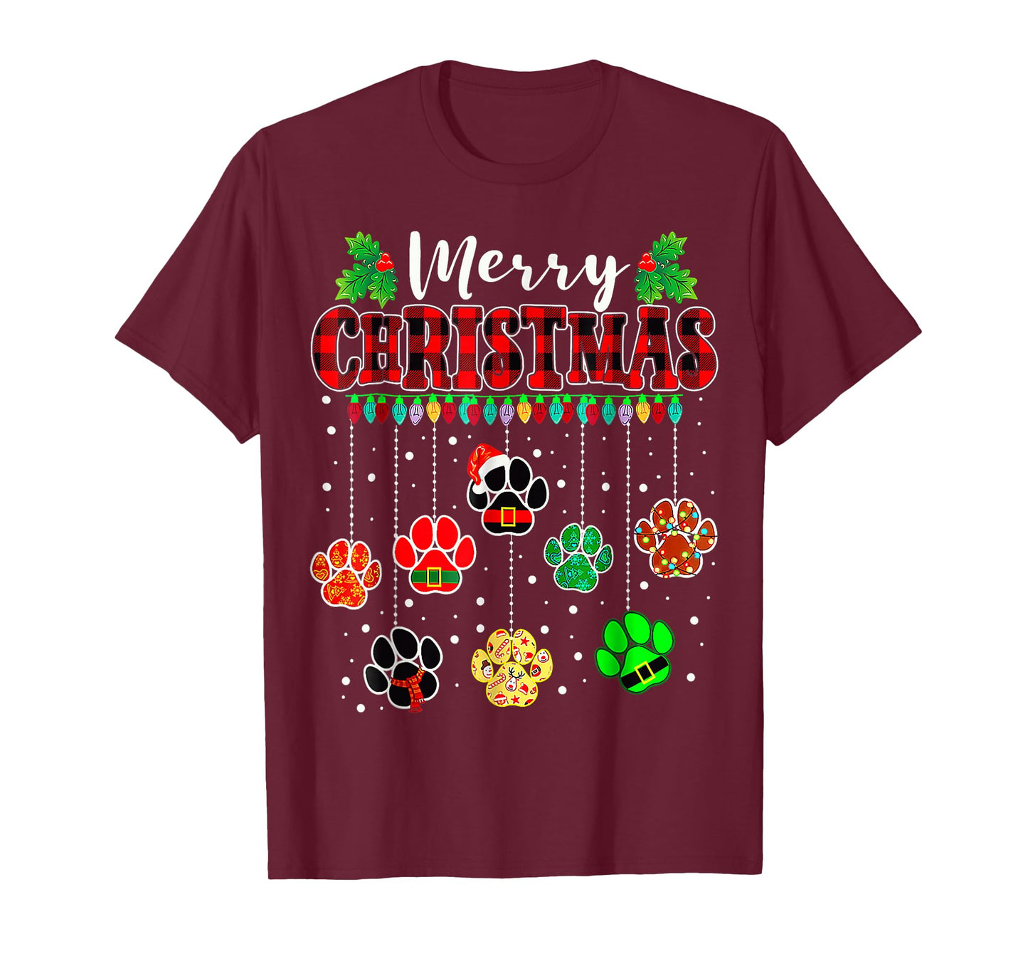 Merry Christmas Lights Dog Paw Xmas T-Shirt