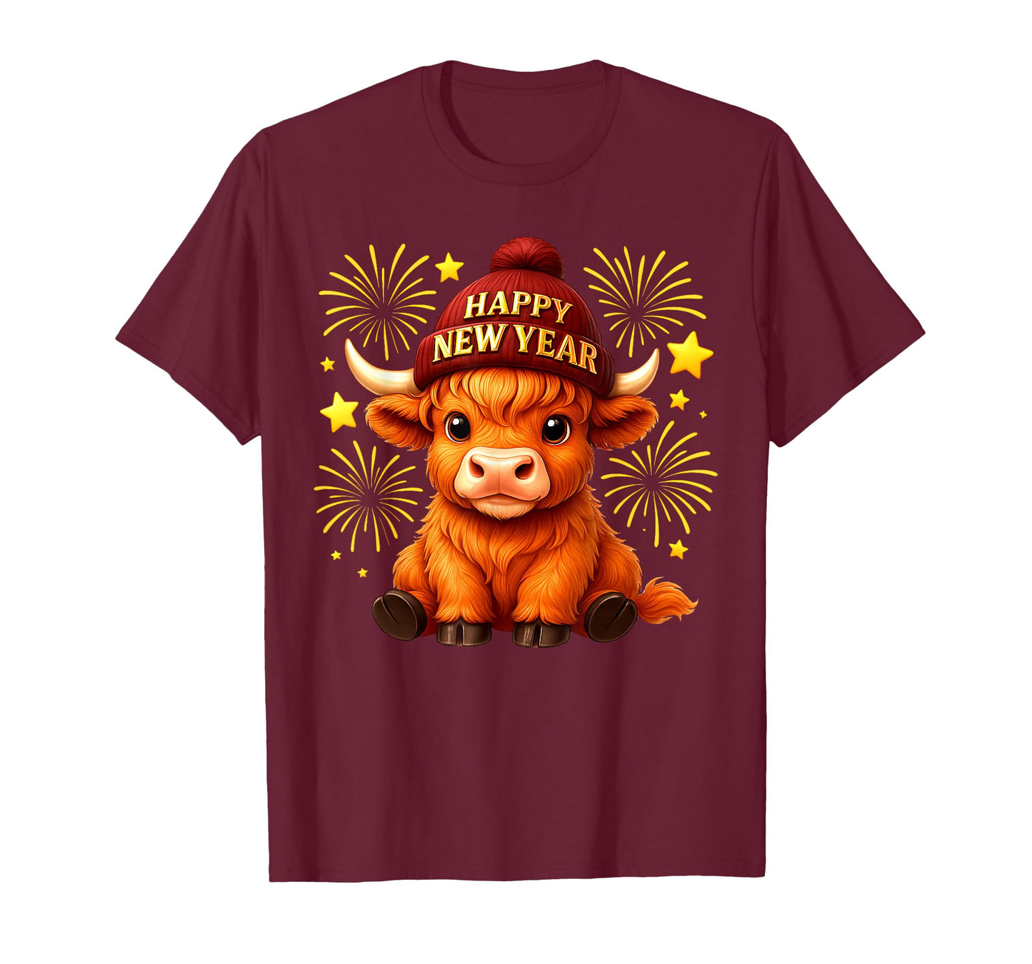 Happy New Year 2026 Highland Cow & Party Hat New Years Eve T-Shirt